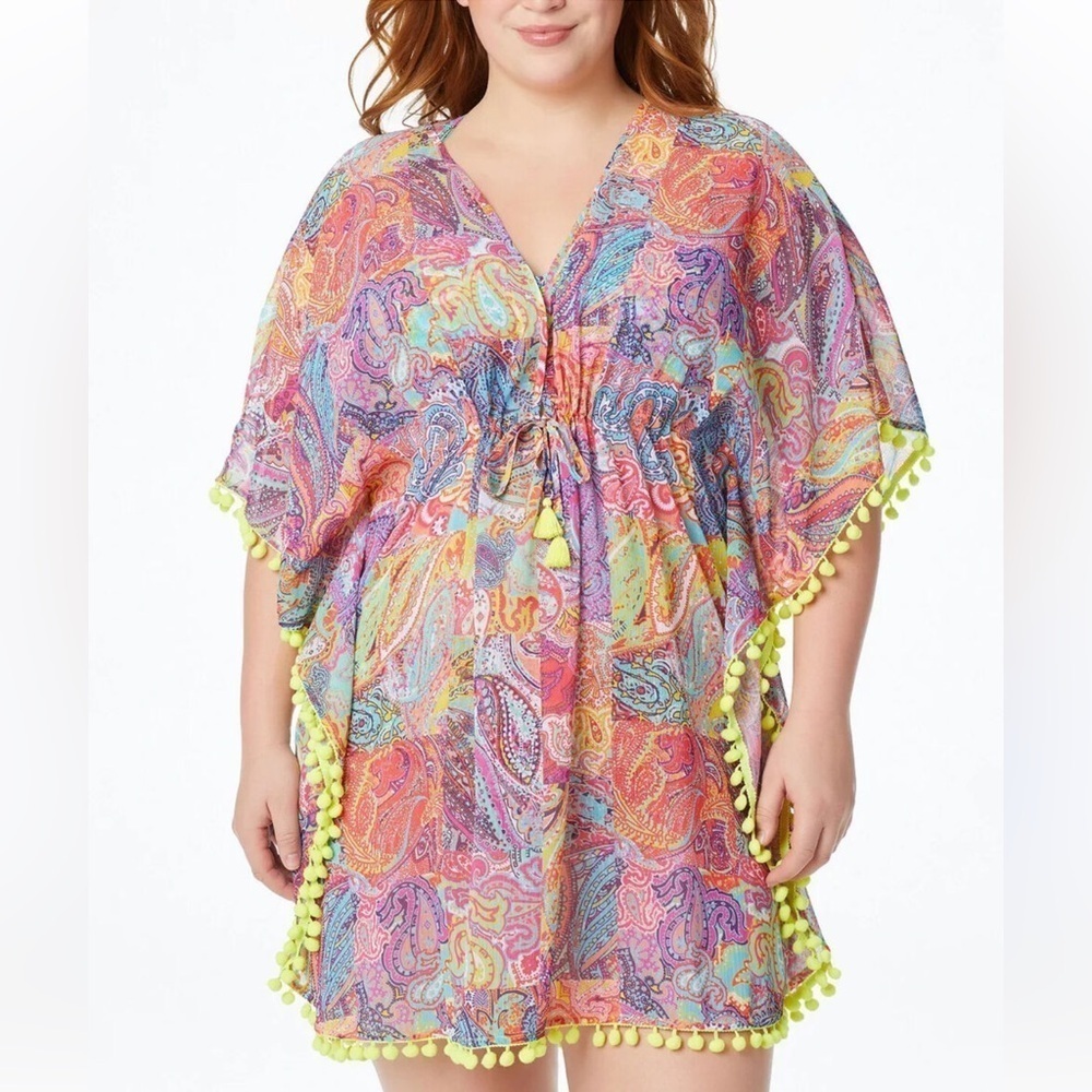 EUC Bleu by Rod Beattie Multicolor Pom Sheer Swim Coverup size Large